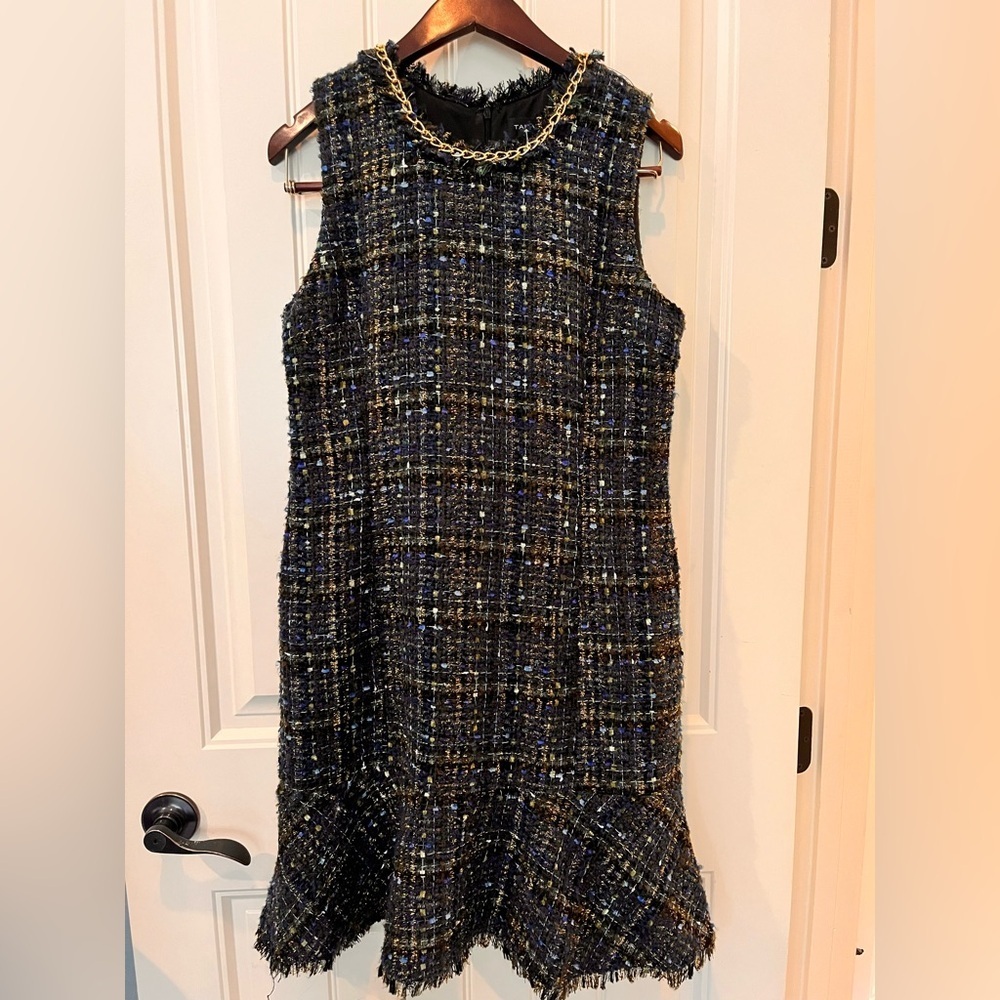 Tahari ASL Blue Green Gold Tweed Midi Dress Size 10 Gorgeous Elegant Cocktail